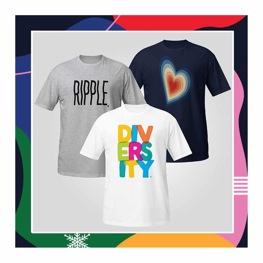 Ripple foundation pride month t-shirts representing diversity and inclusion colorful graphic tees promoting community support and awareness.